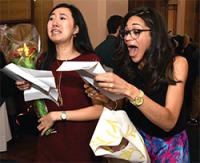 Two women excitedly reacting on Match Day, holding their residency match envelopes.